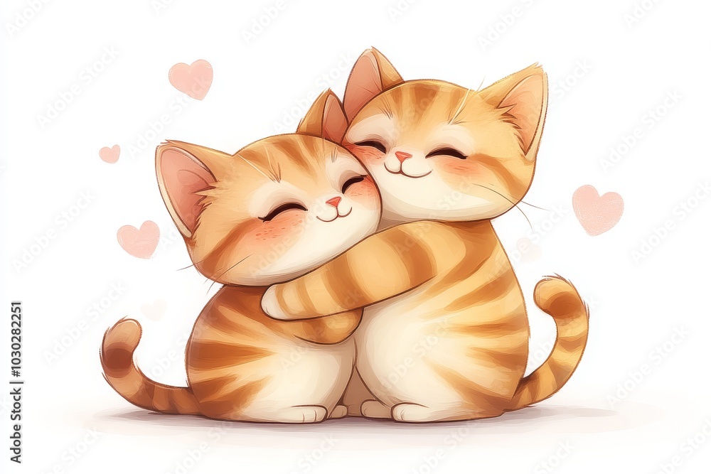 Poster two orange kittens hugging each other with hearts floating around them creating a playful and joyful