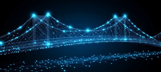 Abstract, Futuristic Bridge Design. Glowing Structure Connecting over Dark Background With Lights.