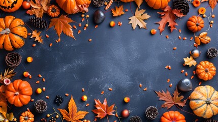 Top view, Black background with a variety of fall fruits, Halloween theme