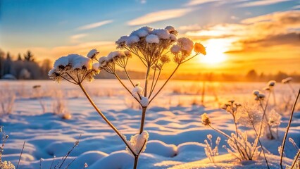 Obraz premium Winter meadow with dried plant covered in snow at sunset