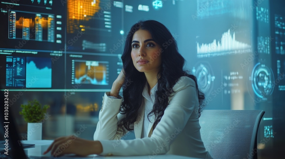Leinwandbilder a focused woman sits at a desk in a contemporary office environment, analyzing digital data displaye
