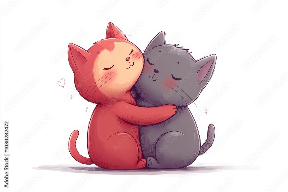 Poster two kittens one red and one gray cuddling together with hearts floating above creating a sweet and l
