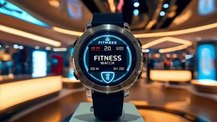 Close-up of a modern fitness tracker with a digital display showing heart rate, steps, and time in a blurred background.