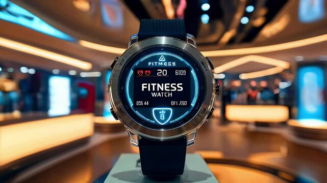 Close-up of a modern fitness tracker with a digital display showing heart rate, steps, and time in a blurred background.