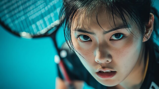 A young woman looks intently at the camera while playing badminton.