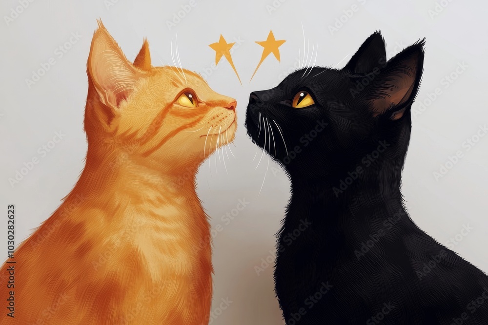 Poster two cats one orange and one black gazing at each other with a star floating above them creating a wh