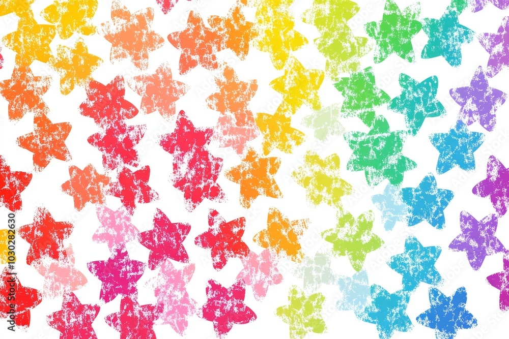 Poster rainbow colored cats in various poses scattered across a white background creating a playful and col