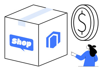 Large delivery box with a Shop label, beside a currency symbol and a woman pointing. Ideal for online shopping, delivery services, e-commerce business, financial transactions, and consumer behavior