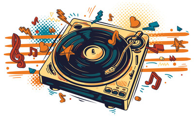 Obraz premium Vinyl records turntable and musical notes, colorful music design