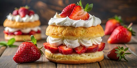 Obraz premium Low angle view of strawberry shortcake with whipped cream and fresh strawberries