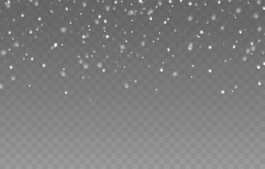 Vector snow falling from above. Snowfall on isolated transparent background. Christmas or winter background. Snow or snowflakes png.