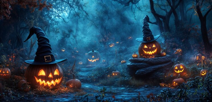 Halloween Pumpkins Wearing Witches Hats Background image Neo Art HD Print 01