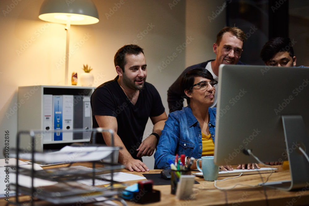 Poster Business people, computer and teamwork at night for diversity, information technology or coding. Research, programming and collaboration for problem solving, software development or cybersecurity app