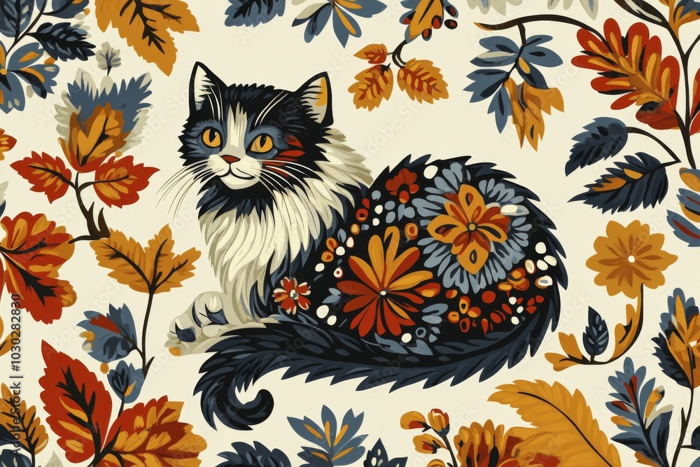 Aufkleber detailed floral pattern with a black and white cat resting in the center creating an intricate and d