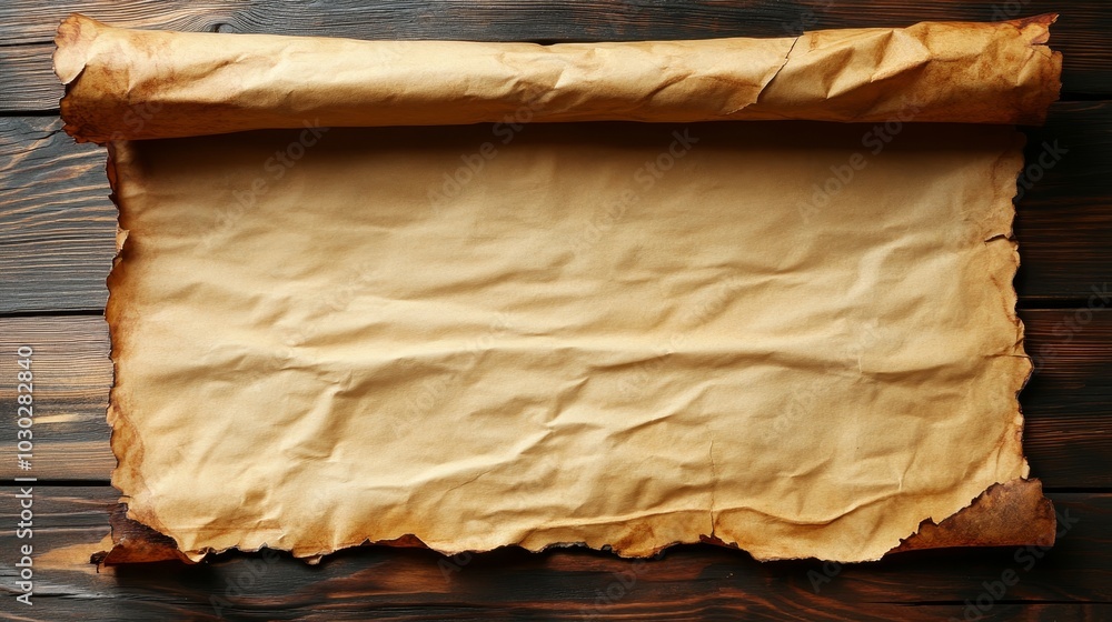 Poster old blank parchment scroll on dark wooden background. ancient manuscript, empty canvas for text.