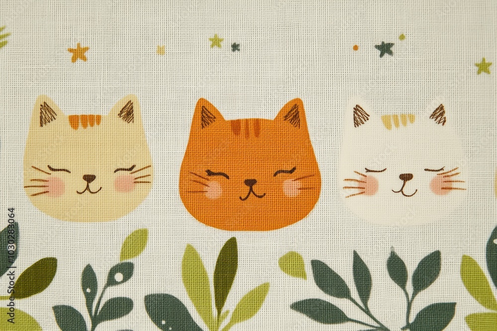 Poster orange black and white cats smiling in a simple hand drawn style pattern with leaves creating a whim