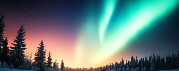 Fototapeta premium A bright aurora stretching across the icy winter sky, with frosted trees reflecting the seasonal chill