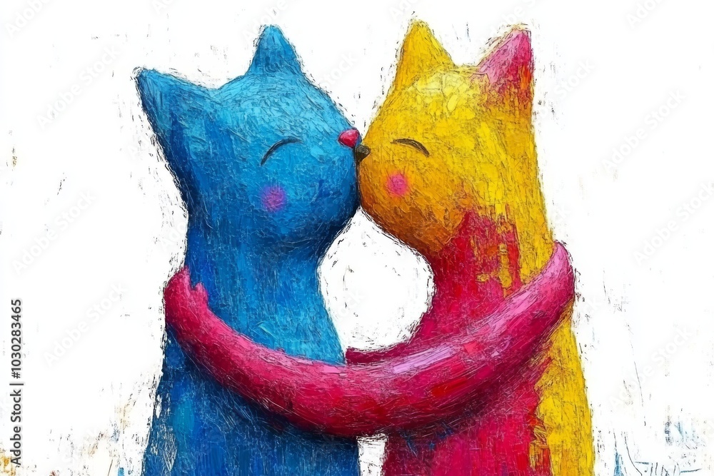 Poster two colorful cats embracing with a heart between them painted in bright textured hues creating a vib