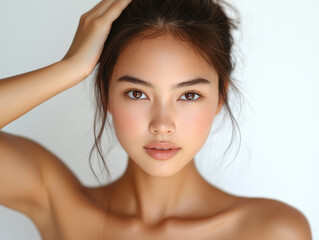 beauty portrait of young Asian woman with tan skin, showcasing her natural beauty and soft features. She is gently touching her hair, exuding calm and serene expression against white background