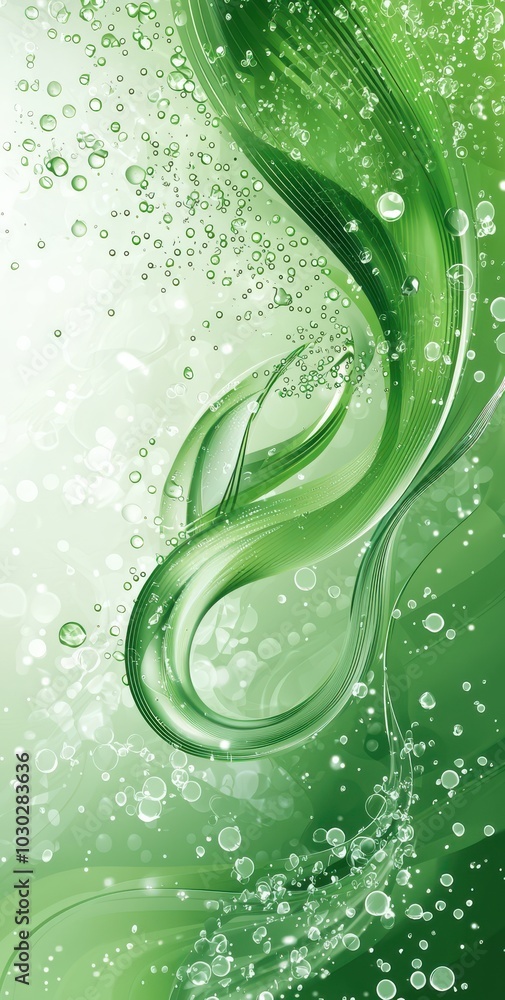 Poster abstract graphic of flowing lines and water droplets on a green gradient background creating a sense