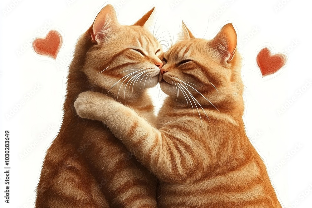 Poster two orange tabby cats hugging with hearts floating above them creating a playful and heartwarming sc
