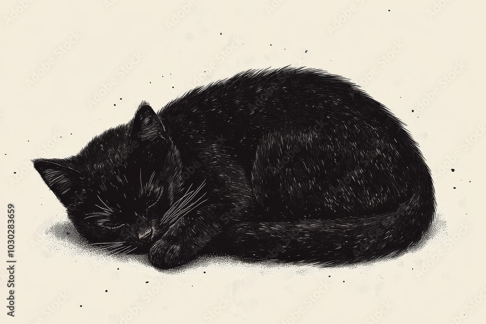 Poster black cat curled up and sleeping its fur blending into a textured background creating a quiet and pe