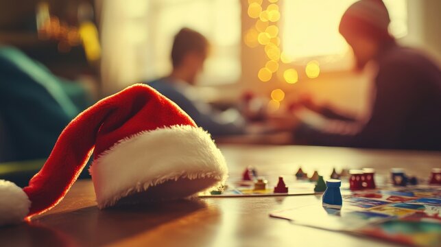 Board game on the table and Santa hat, Christmas promotion on entertainment items