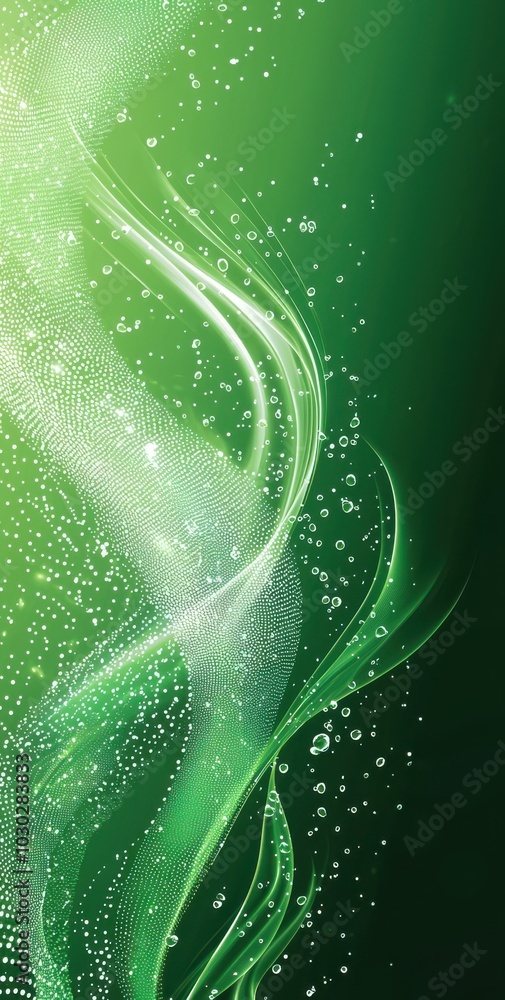 Poster graphic logo with green gradient background featuring abstract water droplets and swirling wave patt