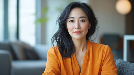 thoughtful 45 year old Asian woman sits on couch, wearing minimal brightly colored clothes, reflecting in modern home interior. Her serene expression adds warmth to inviting atmosphere