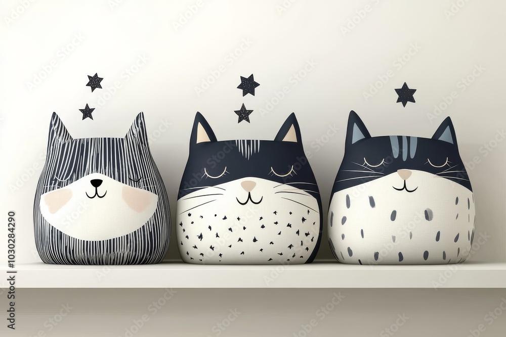 Poster three smiling black and white cats with stars floating above them creating a cute and whimsical deco