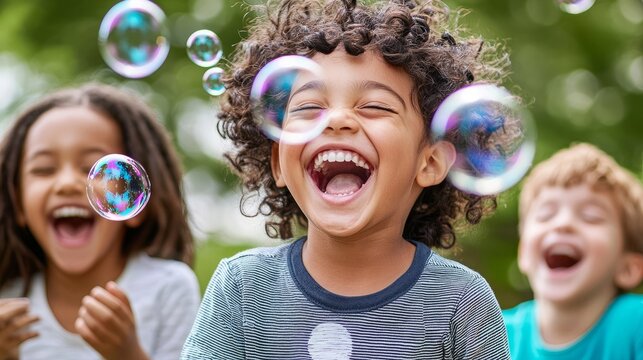 A young boy with curly hair laughs with glee as soap bubbles float around him.