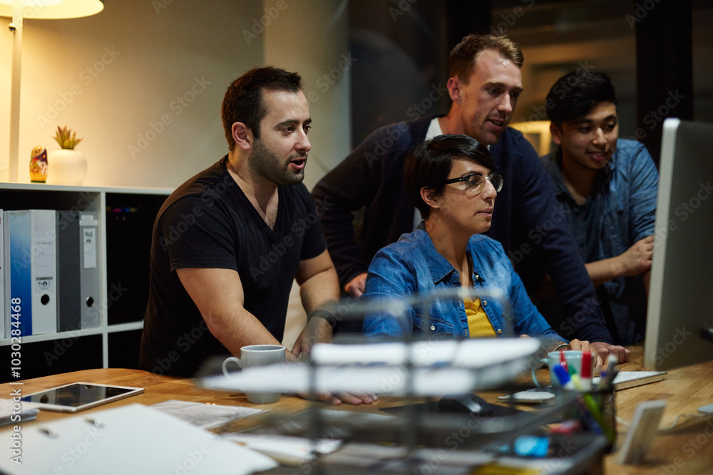 Poster Business people, computer and collaboration at night for information technology, diversity or coding. Research, programming and teamwork for problem solving, software development or cybersecurity app