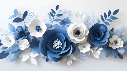 Fototapeta premium 3D paper flower, wall art, in a white and blue color scheme, with elegant design, flowers in shades og white, gray and navy blue