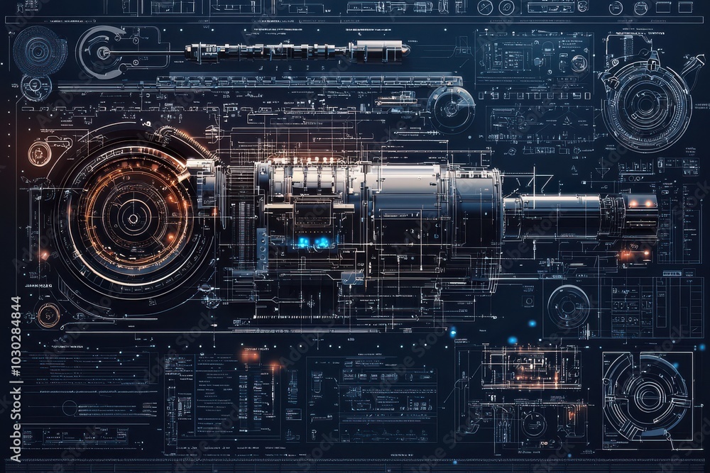 Poster technical blueprint of a futuristic engine with glowing orange elements and intricate mechanical det