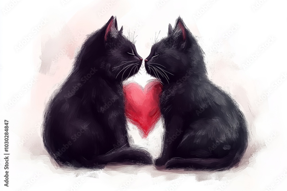 Aufkleber two black cats sitting side by side with a red heart floating between them creating a romantic and s