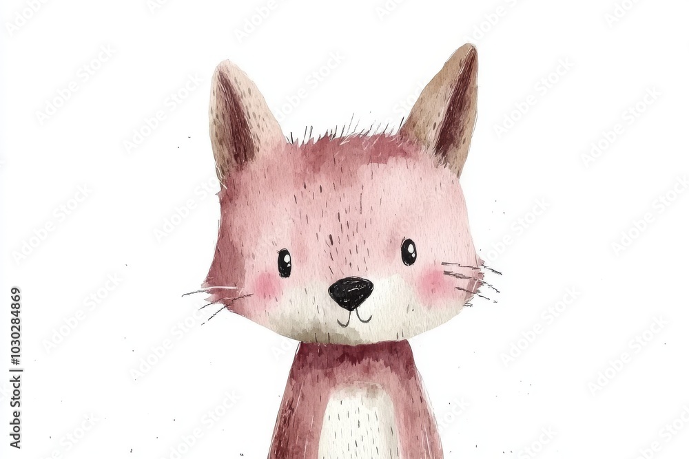 Poster illustration of a cute pink kitten with a curious expression and a fluffy tail creating a charming a