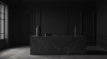Minimalist kitchen with black matte cabinets, marble countertops, and an island with a single decorative vase