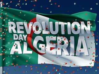 Algerian Flag Waving with "Revolution Day Algeria" Text and Confetti