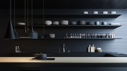 Obraz premium Minimalist kitchen with black open shelves, light wood countertops, and minimal decor for a clean, modern look