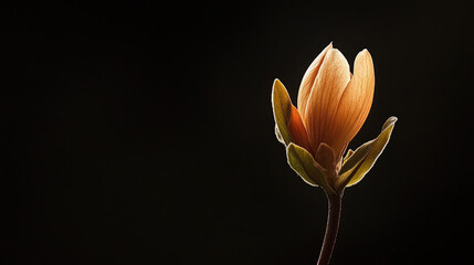 A single wildflower bud just beginning to bloom, highlighted by gentle light against a stark black background, symbolizing growth and potential.