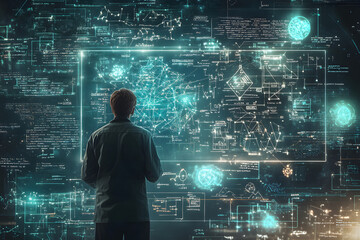 A scientist analyzing complex data on a digital holographic screen, exploring advanced AI algorithms and futuristic data visualization, showcasing innovation in technology and scientific transformatio