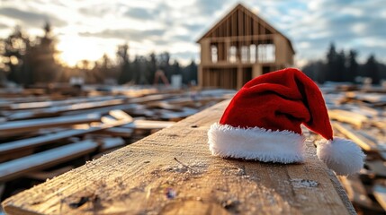 Construction of a wooden frame house and Santas hat, Christmas promotion at a construction company