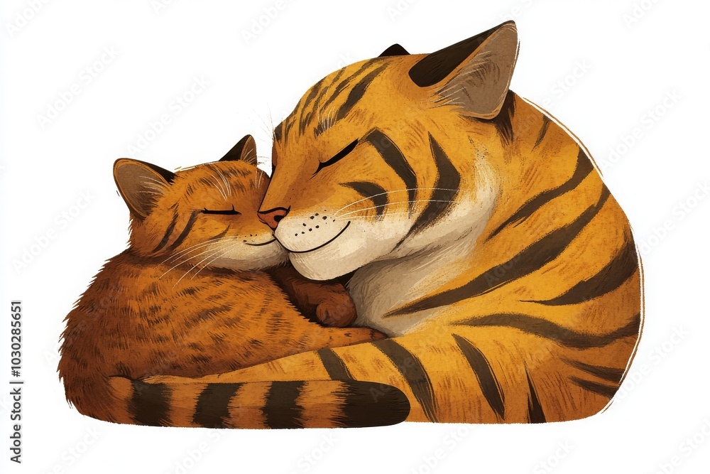 Poster a large tiger snuggling with a small orange kitten creating a humorous and playful contrast between 