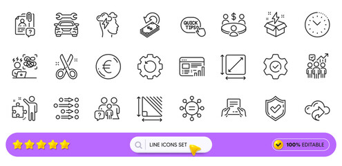 Square area, Ethics and Car line icons for web app. Pack of Creative idea, Euro money, Difficult stress pictogram icons. Receive file, Web report, Strategy signs. Time management. Search bar. Vector