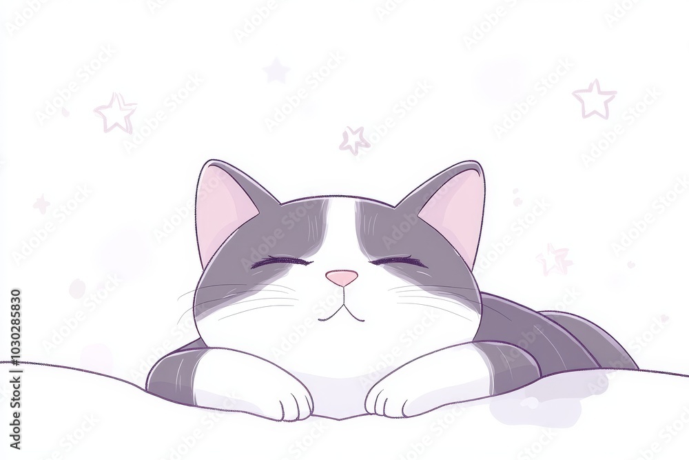 Poster chubby gray and white cat lying contentedly on its back smiling with eyes closed creating a cute and
