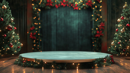 podium stand with christmas theme background. promotional sale.