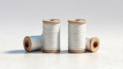 spools of light beige thread, red caps.

