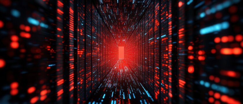 A vivid digital tunnel filled with streams of data, illuminated by red and blue lights, creating a futuristic and tech-inspired atmosphere.