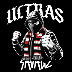 Illustration Vector man with Full mask black as Football fans ultras hooligans wear white red black scarf on neck
