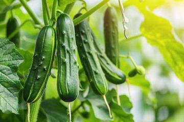 Fresh cucumbers hanging on vine in sunny greenhouse